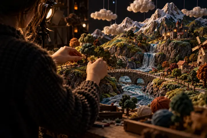 Eine nahe filmische Ansicht von Händen, die in einem dunklen Studio aus Garn und Stoff eine detailreich strukturierte Miniaturwelt gestalten.