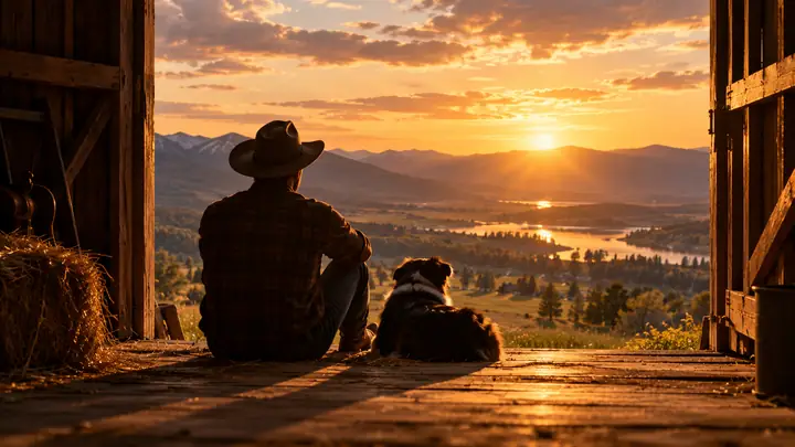 Goldenes Abendlicht fällt durch eine offene Scheune auf eine weitläufige Landschaft, wie ein filmisches Videostandbild gerahmt.