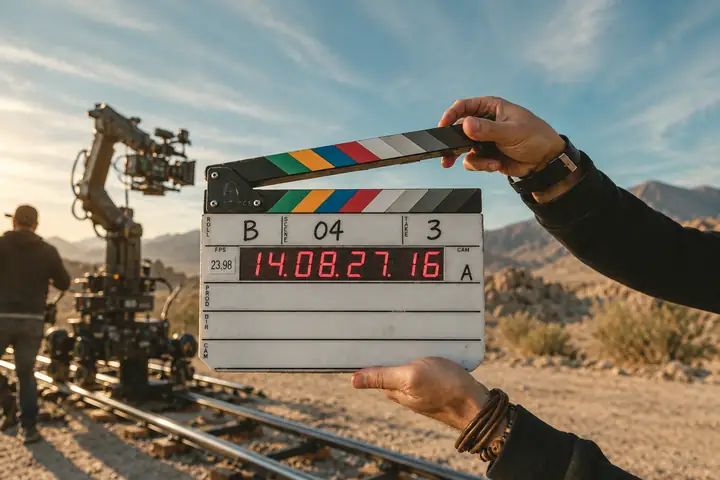 Eine Filmklappe wird vor einem hellen Außen-Drehort gehalten.