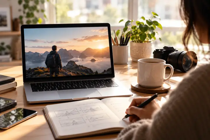 Ein Laptop und eine Kaffeetasse stehen auf einem hellen Schreibtisch, der für eine Online-Lektion vorbereitet ist.