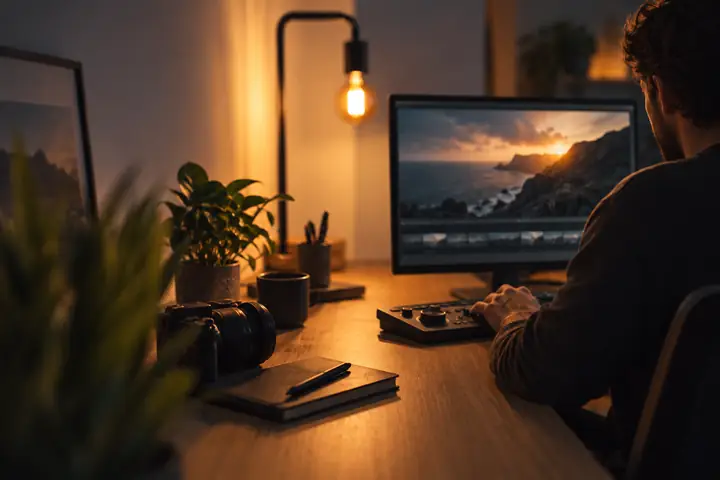 Ein sanft beleuchteter persönlicher Arbeitsbereich mit einem Computer und einer warmen Schreibtischlampe.