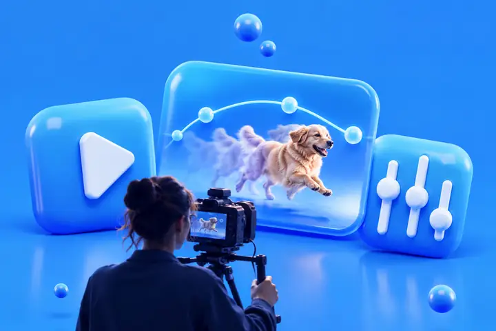 Leuchtend blaue Symbole sozialer Medien sind als dreidimensionale Objekte angeordnet.